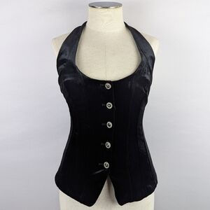 Zara Velvet Halter Top Vest Faux Gem Button Front Scoop Neckline Black M NWT